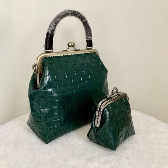 Vintage style Handmade Genuine Embossed Leather Top Handle Bag & Small Purse Set - Picture 3 of 16